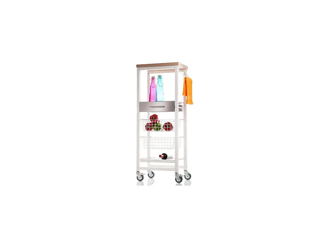 Carrello da cucina alto, Carrello portatutto - colore Bianco, Acciaio inox, Olmo - 123*48,5*34 cm - ONDA ALTO