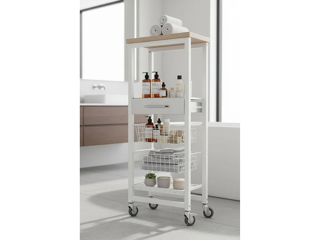 Carrello da cucina alto, Carrello portatutto - colore Bianco, Acciaio inox, Olmo - 123*48,5*34 cm - ONDA ALTO