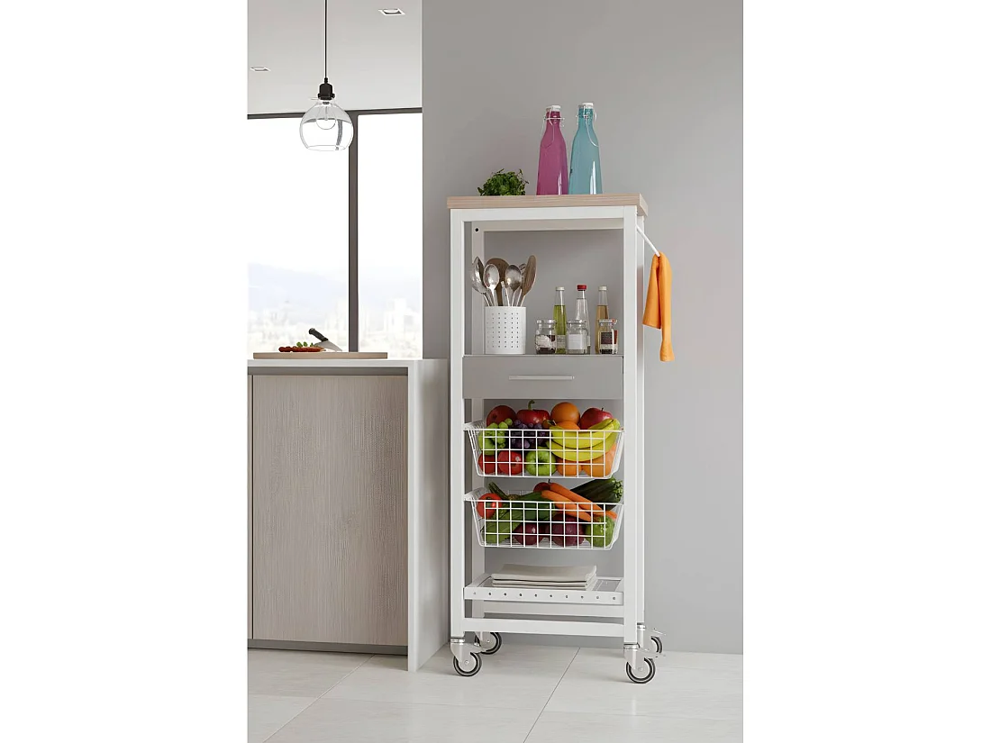 Carrello da cucina alto, Carrello portatutto - colore Bianco, Acciaio inox, Olmo - 123*48,5*34 cm - ONDA ALTO