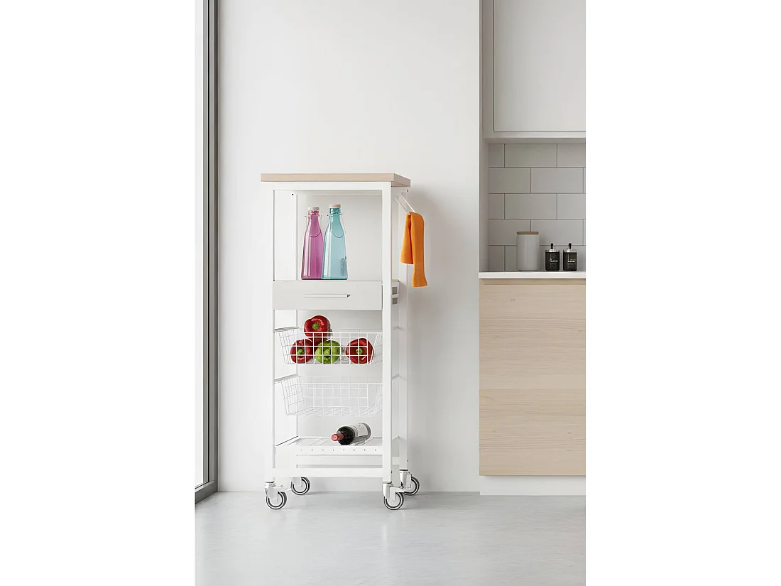 Carrello da cucina alto, Carrello portatutto - colore Bianco, Acciaio inox, Olmo - 123*48,5*34 cm - ONDA ALTO
