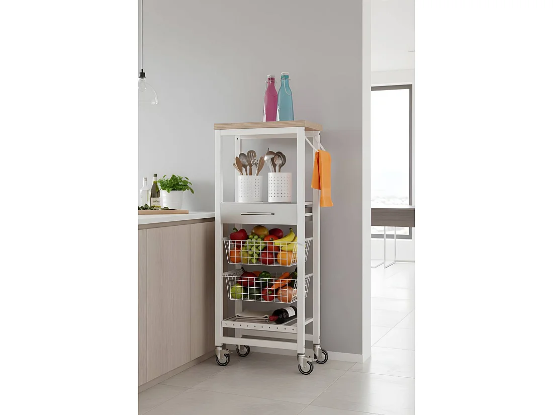 Carrello da cucina alto, Carrello portatutto - colore Bianco, Acciaio inox, Olmo - 123*48,5*34 cm - ONDA ALTO