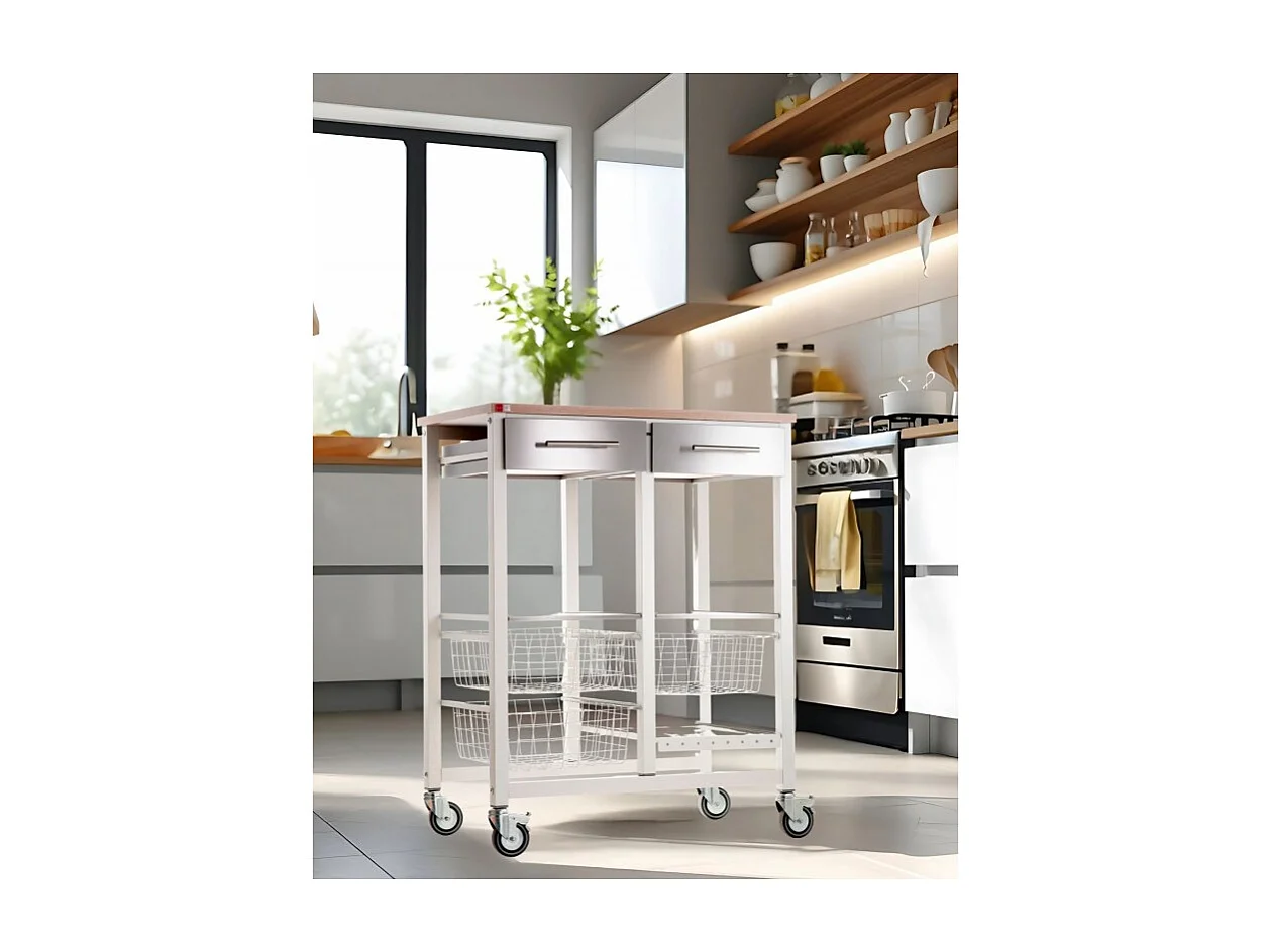 Carrello da cucina, Carrello portatutto - colore Bianco, Acciaio inox, Olmo - 91,5*71*43 cm - ONDA DOBLE