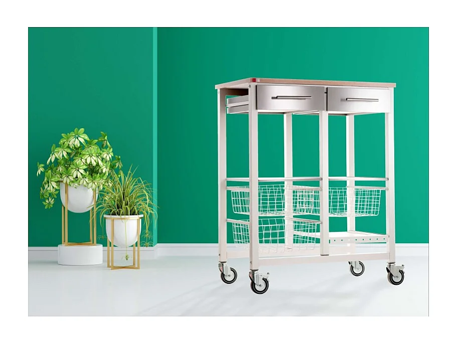 Carrello da cucina, Carrello portatutto - colore Bianco, Acciaio inox, Olmo - 91,5*71*43 cm - ONDA DOBLE