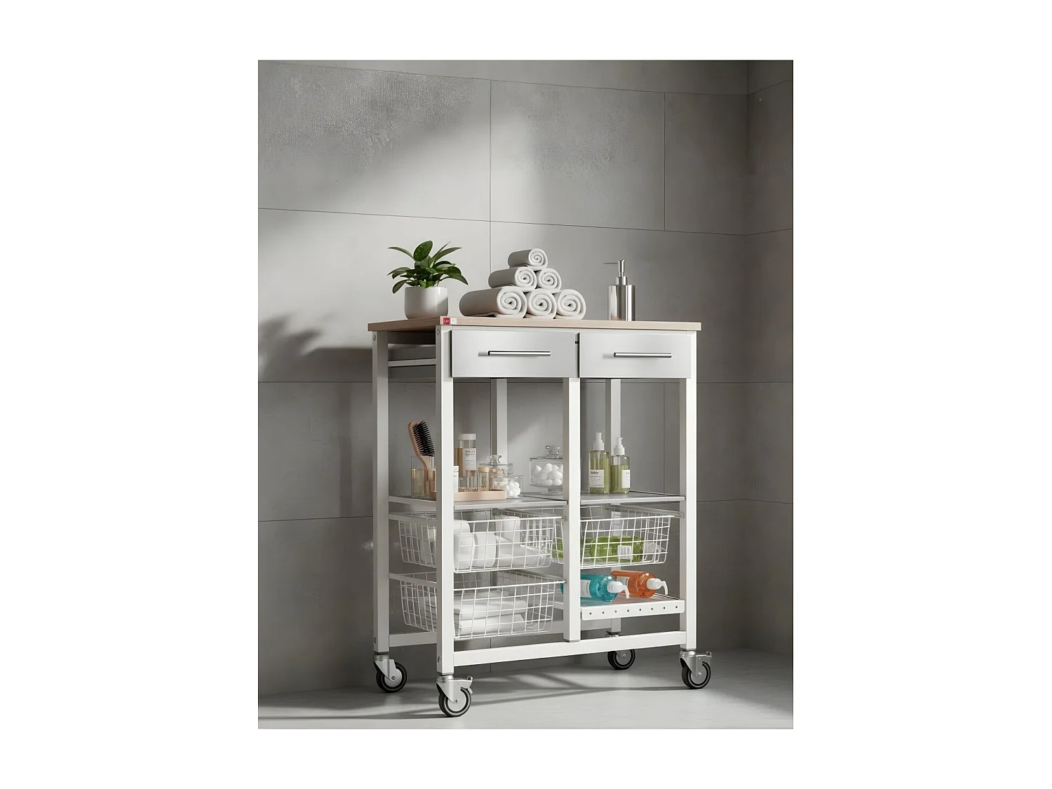 Carrello da cucina, Carrello portatutto - colore Bianco, Acciaio inox, Olmo - 91,5*71*43 cm - ONDA DOBLE