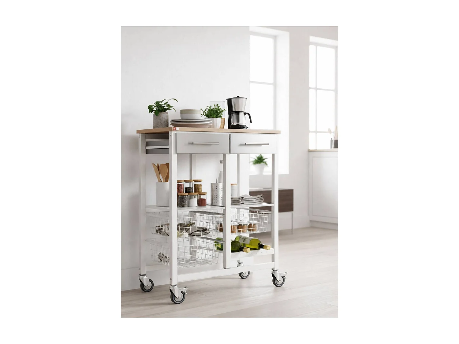 Carrello da cucina, Carrello portatutto - colore Bianco, Acciaio inox, Olmo - 91,5*71*43 cm - ONDA DOBLE