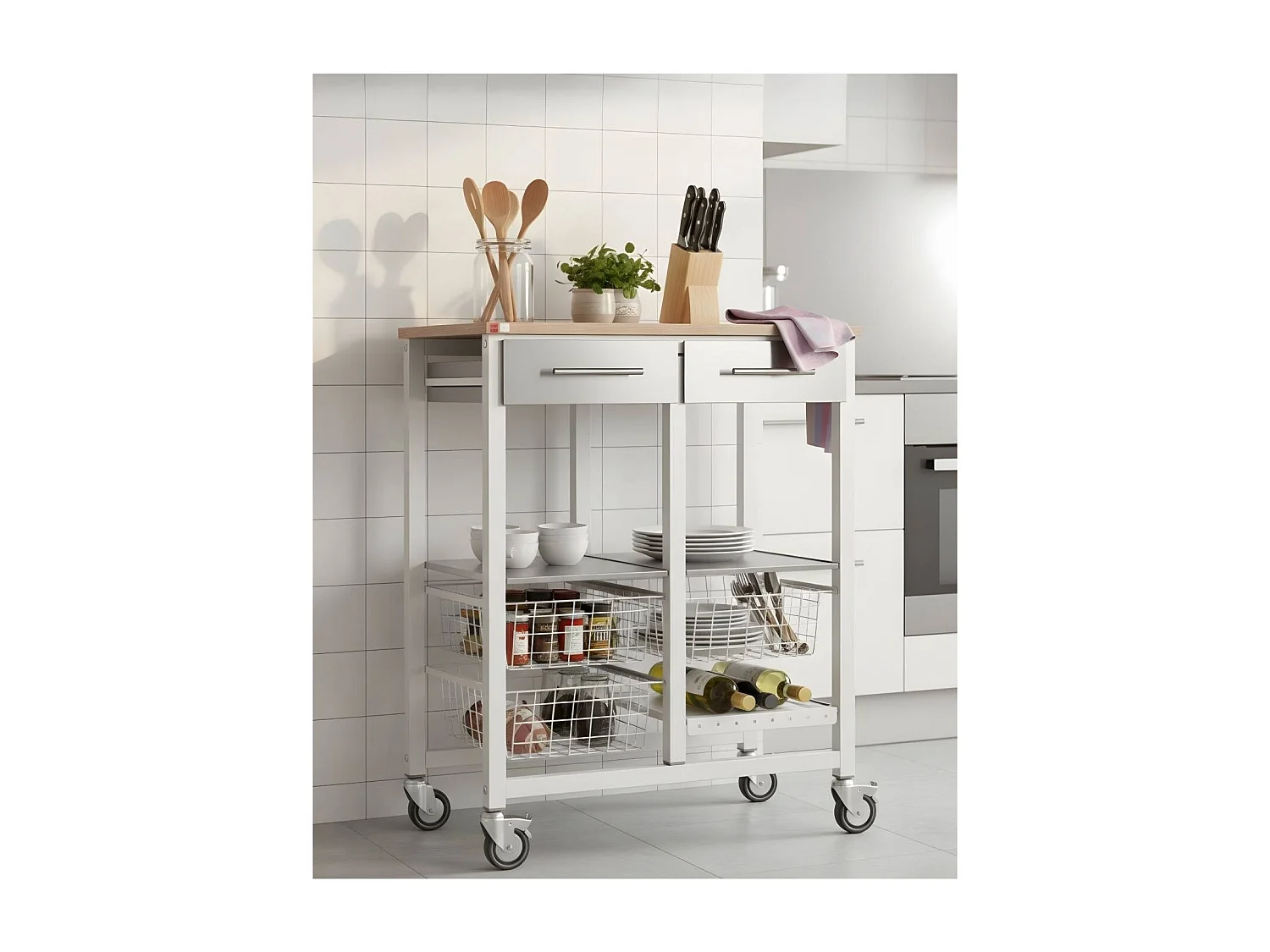 Carrello da cucina, Carrello portatutto - colore Bianco, Acciaio inox, Olmo - 91,5*71*43 cm - ONDA DOBLE