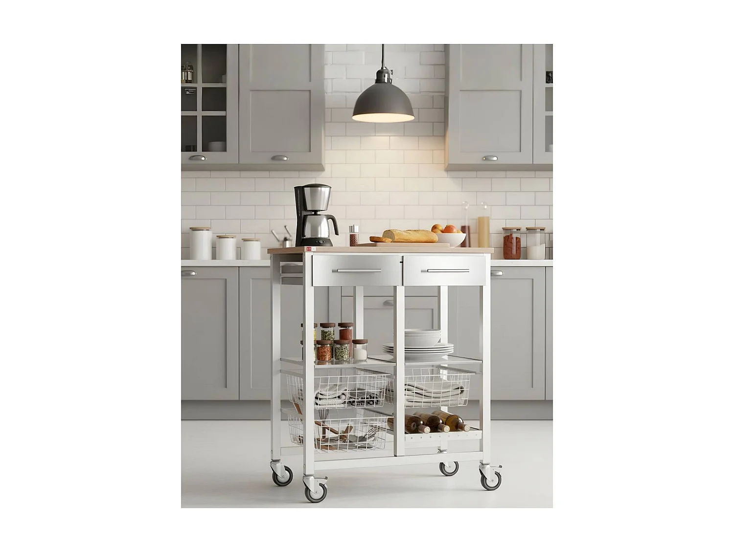 Carrello da cucina, Carrello portatutto - colore Bianco, Acciaio inox, Olmo - 91,5*71*43 cm - ONDA DOBLE