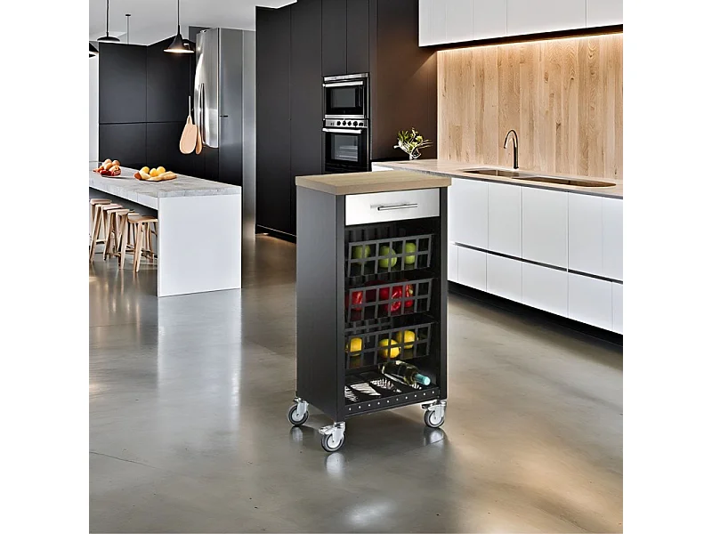 Desserte de cuisine, chariot de rangement - couleur Noir, Inox, Orme - 93*48*34 cm - KARA