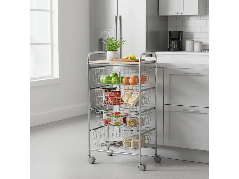 Küchenwagen, Küchentrolley - 4 Körbe mit großem Fassungsvermögen - Aluminium grau, Buche - 86*44*30 cm - BEECH