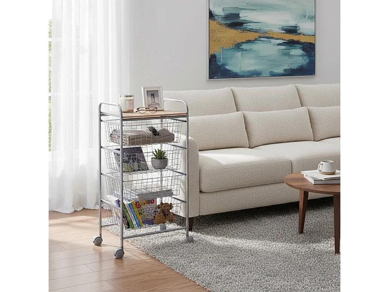 Küchenwagen, Küchentrolley - 4 Körbe mit großem Fassungsvermögen - Aluminium grau, Buche - 86*44*30 cm - BEECH