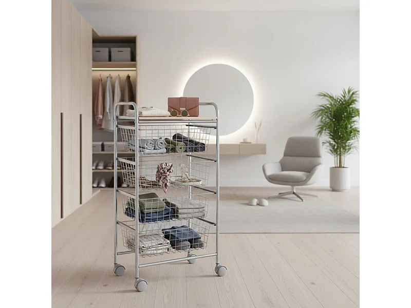 Küchenwagen, Küchentrolley - 4 Körbe mit großem Fassungsvermögen - Aluminium grau, Buche - 86*44*30 cm - BEECH