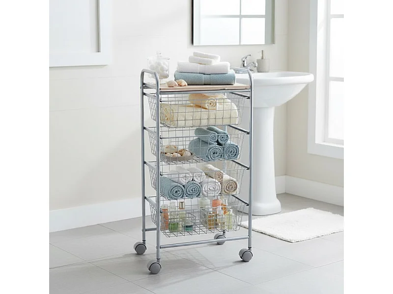 Küchenwagen, Küchentrolley - 4 Körbe mit großem Fassungsvermögen - Aluminium grau, Buche - 86*44*30 cm - BEECH