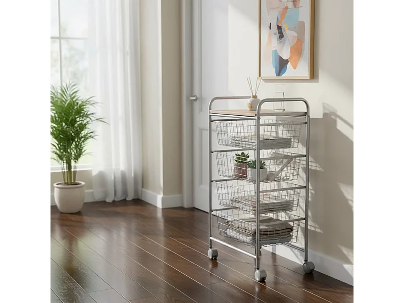 Küchenwagen, Küchentrolley - 4 Körbe mit großem Fassungsvermögen - Aluminium grau, Buche - 86*44*30 cm - BEECH