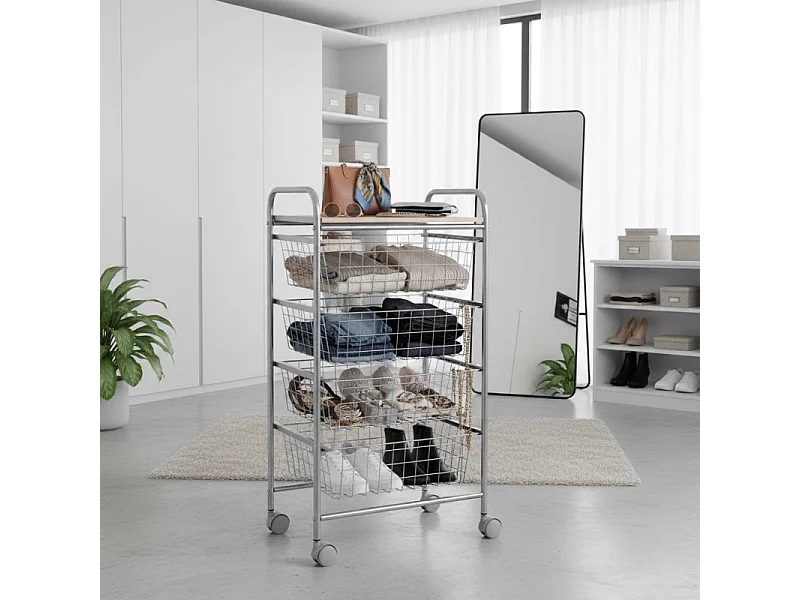 Küchenwagen, Küchentrolley - 4 Körbe mit großem Fassungsvermögen - Aluminium grau, Buche - 86*44*30 cm - BEECH