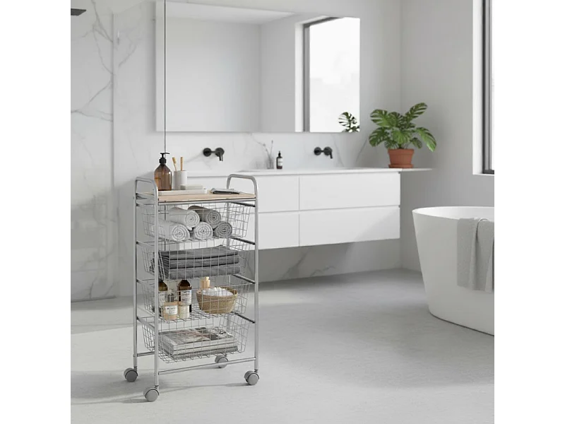 Küchenwagen, Küchentrolley - 4 Körbe mit großem Fassungsvermögen - Aluminium grau, Buche - 86*44*30 cm - BEECH