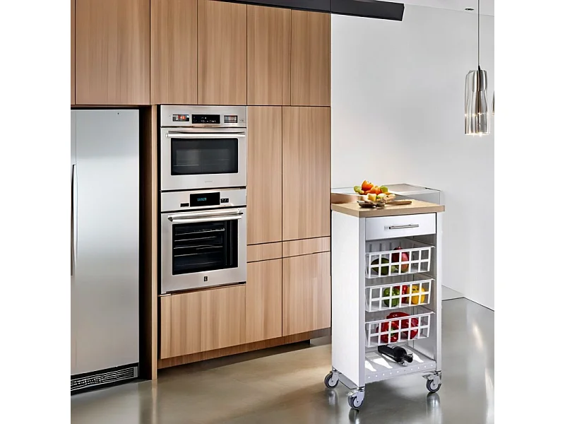 Carrito de cocina, carrito verdulero - color Blanco, Inox, Olmo - 93*48*34 cm - KARA