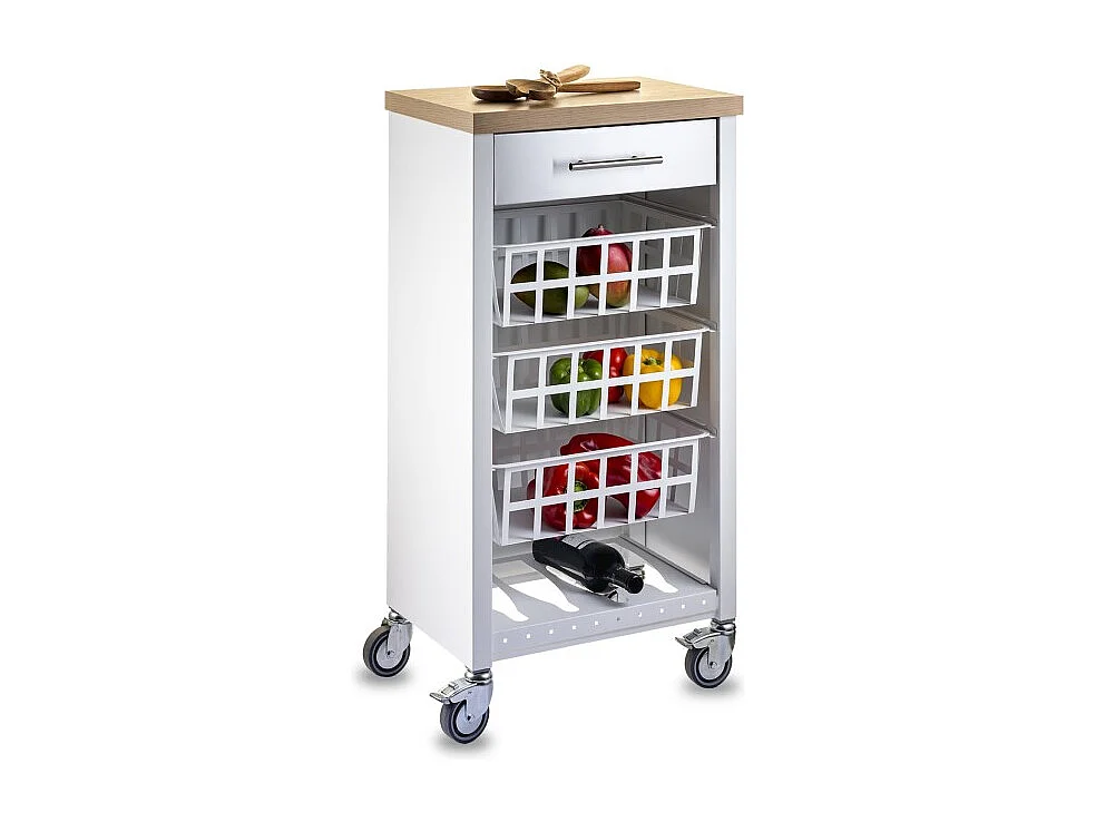 Carrito de cocina, carrito verdulero - color Blanco, Inox, Olmo - 93*48*34 cm - KARA