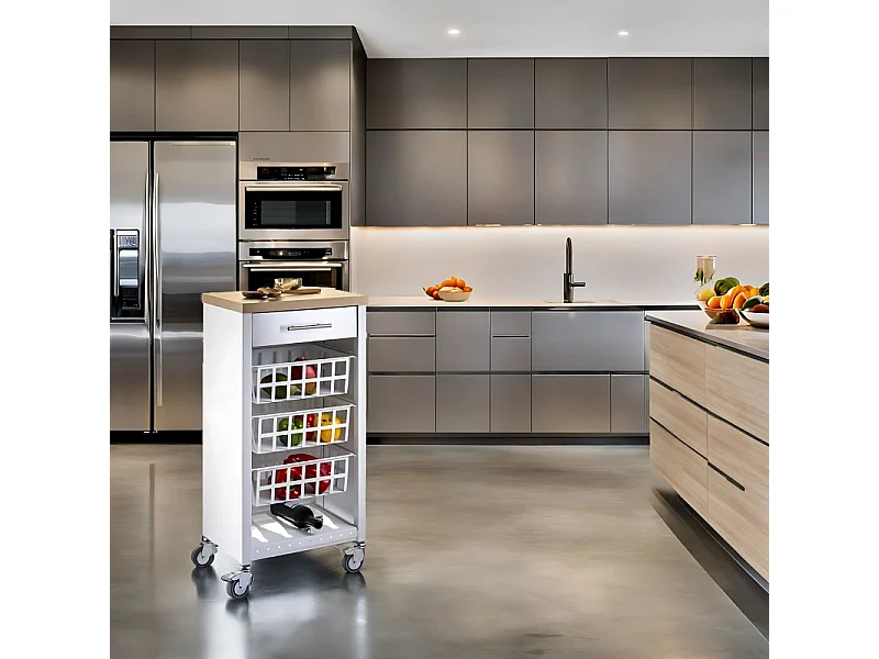 Carrito de cocina, carrito verdulero - color Blanco, Inox, Olmo - 93*48*34 cm - KARA