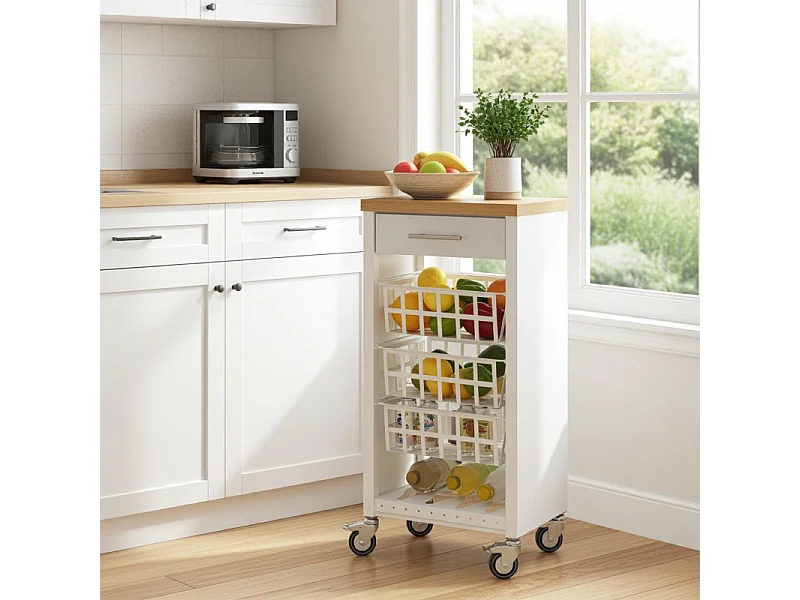 Desserte de cuisine, Chariot de rangement - couleur Blanc, Inox, Orme - 93*48*34 cm - KARA]