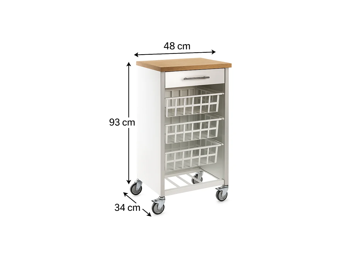 Desserte de cuisine, Chariot de rangement - couleur Blanc, Inox, Orme - 93*48*34 cm - KARA]