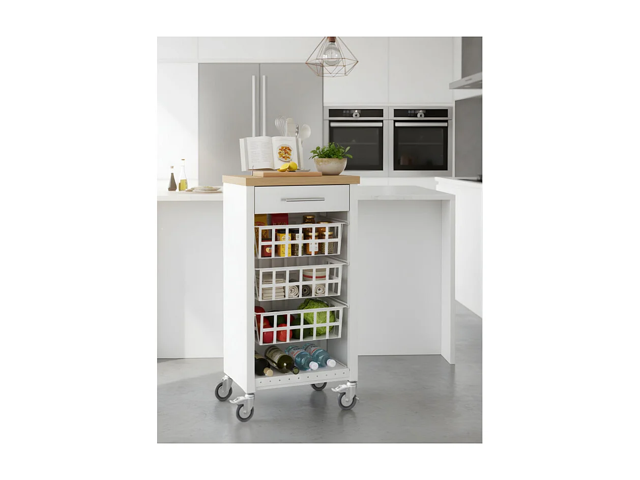 Desserte de cuisine, Chariot de rangement - couleur Blanc, Inox, Orme - 93*48*34 cm - KARA]