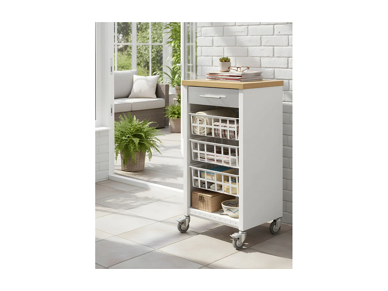 Desserte de cuisine, Chariot de rangement - couleur Blanc, Inox, Orme - 93*48*34 cm - KARA]