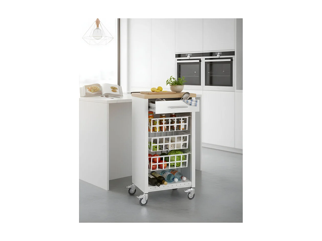 Desserte de cuisine, Chariot de rangement - couleur Blanc, Inox, Orme - 93*48*34 cm - KARA]