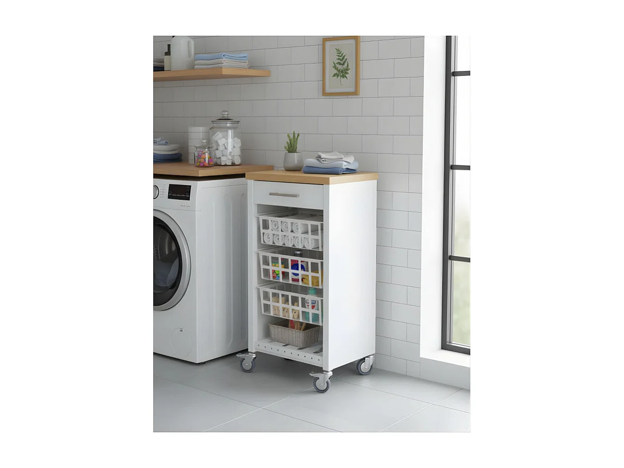 Desserte de cuisine, Chariot de rangement - couleur Blanc, Inox, Orme - 93*48*34 cm - KARA]