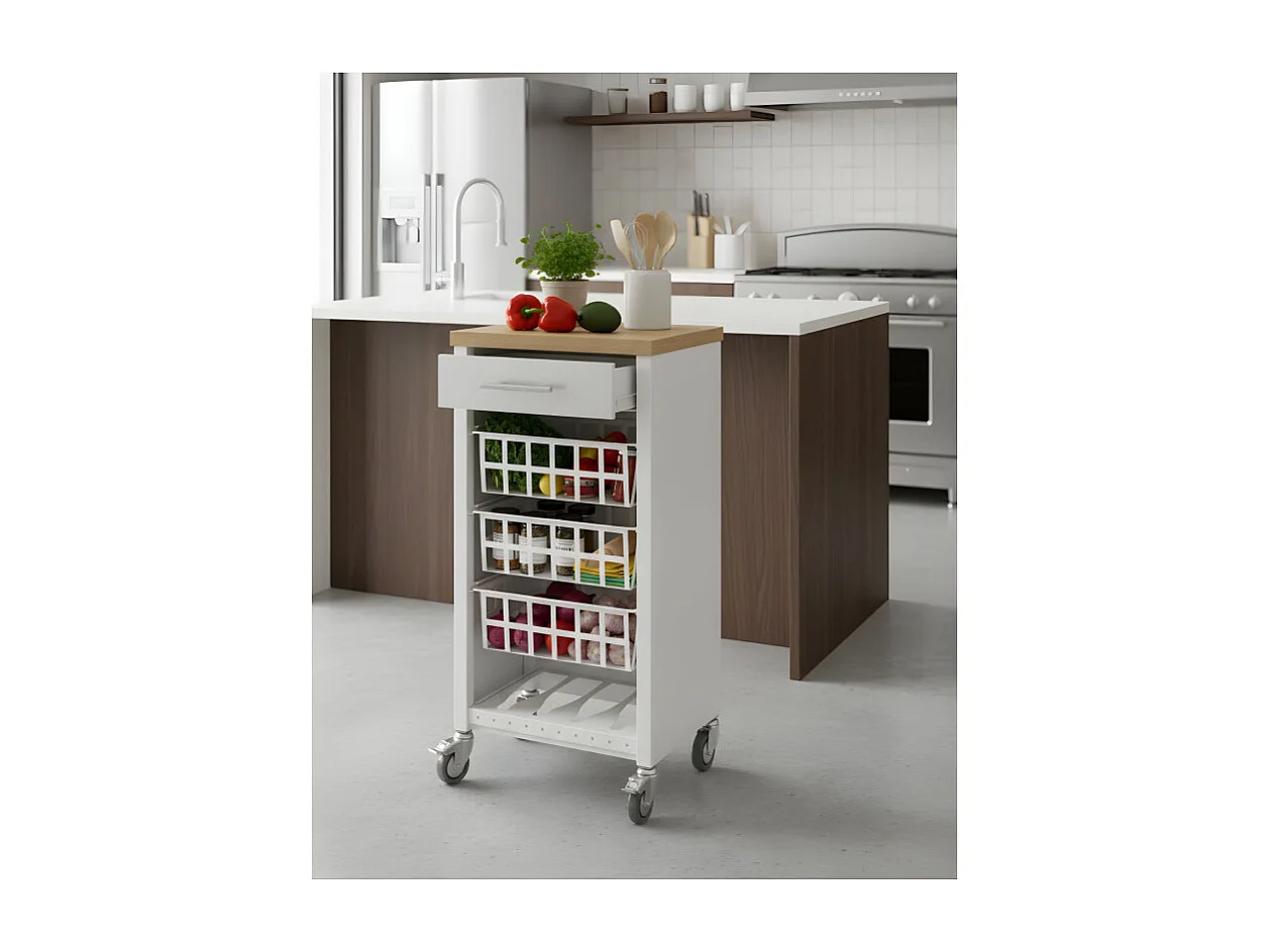 Desserte de cuisine, Chariot de rangement - couleur Blanc, Inox, Orme - 93*48*34 cm - KARA]