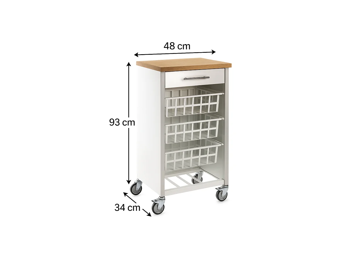 Carrito de cocina, carrito verdulero - color Blanco, Inox, Olmo - 93*48*34 cm - KARA