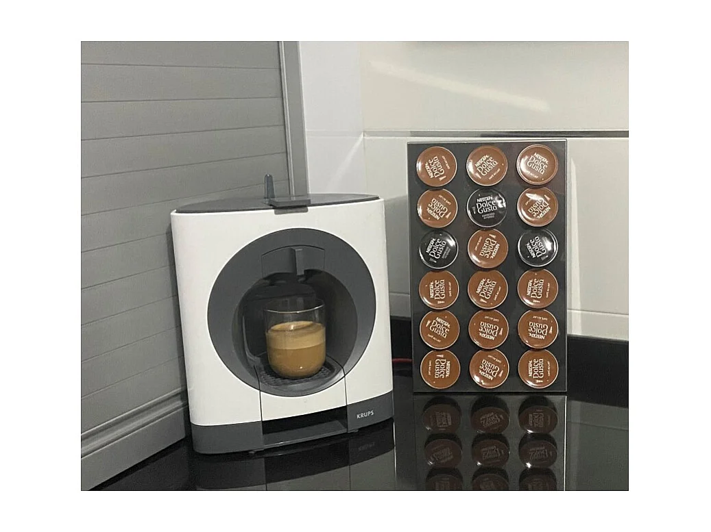 Support capsules café KAPSULAS – 18 capsules, compatible avec les capsules Dolce Gusto, acier inox et méthacrylate bleu