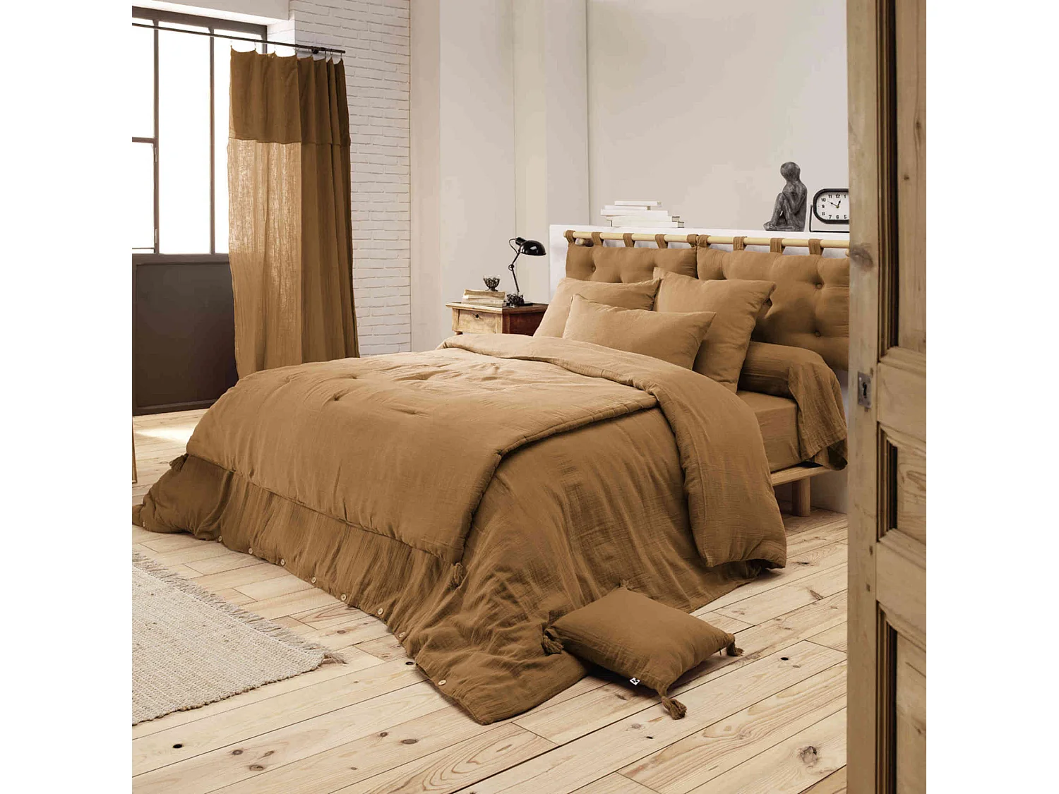 Housse de couette double gaze de coton marron 240x220 cm