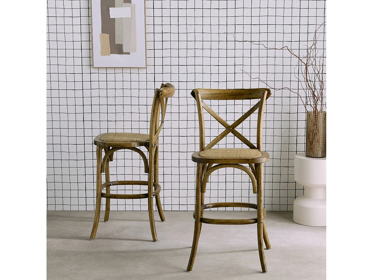 Lot de 2 tabourets de bar bistrot vintage en bois marron vieilli avec repose-pieds