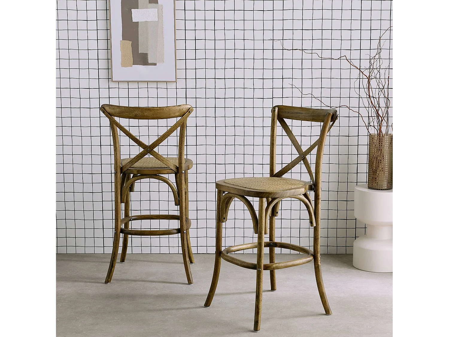 Lot de 2 tabourets de bar bistrot vintage en bois marron vieilli avec repose-pieds