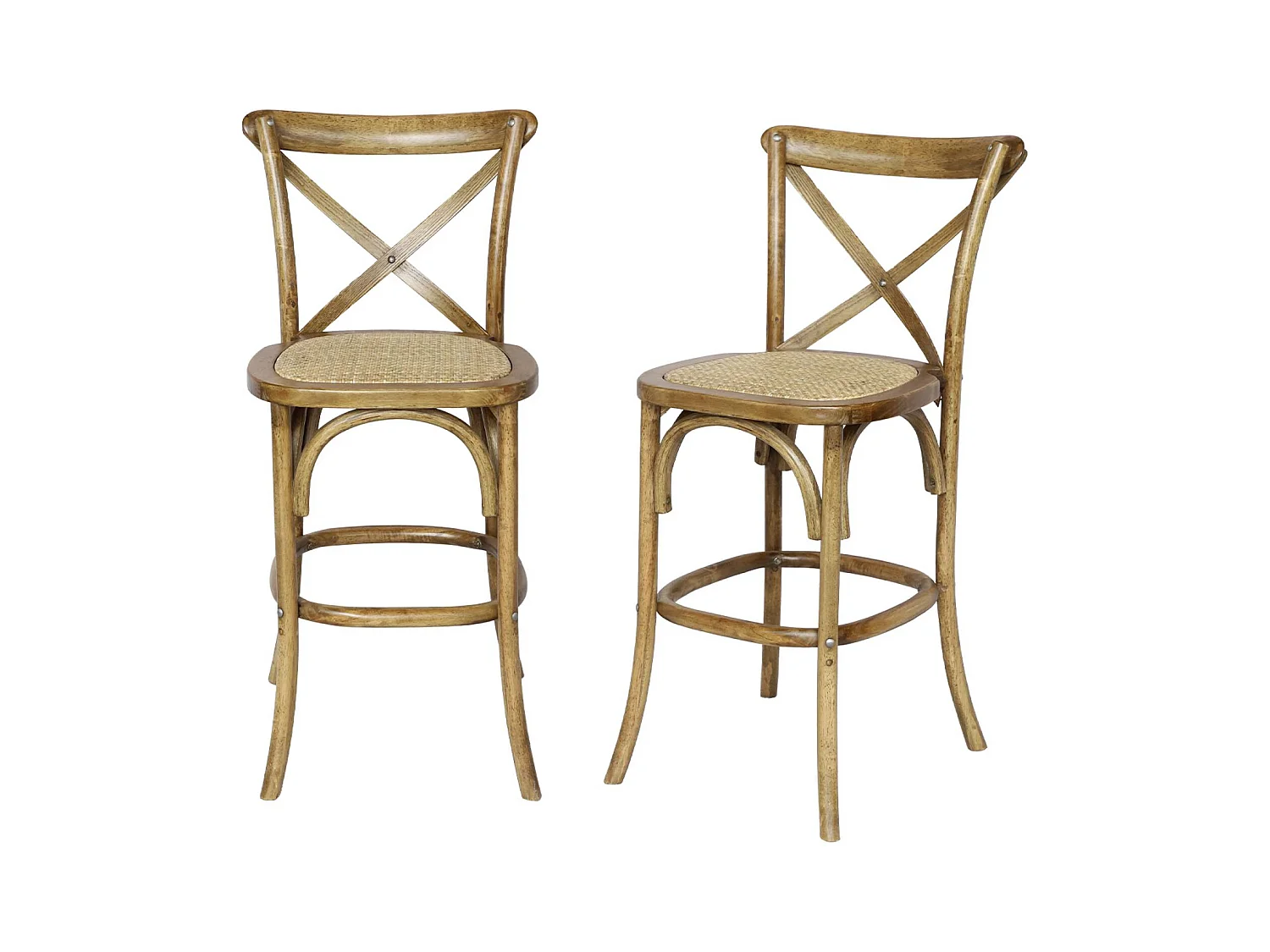 Lot de 2 tabourets de bar bistrot vintage en bois marron vieilli avec repose-pieds