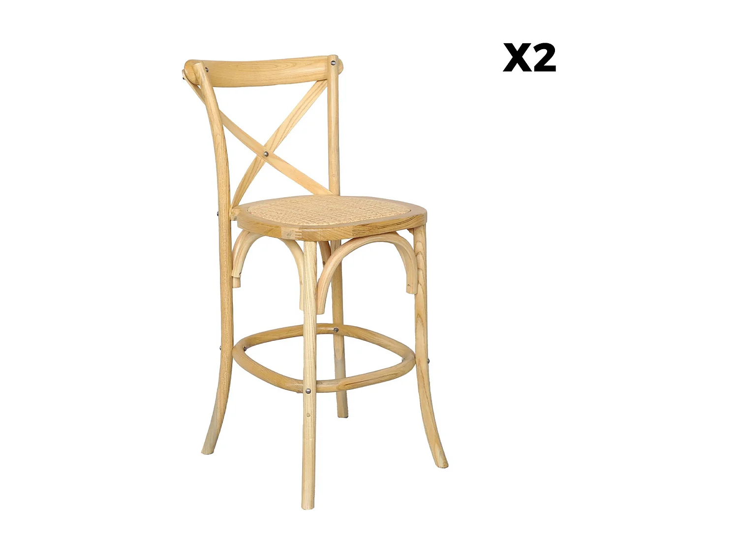 Lot de 2 tabourets de bar bistrot vintage en bois naturel avec repose-pieds