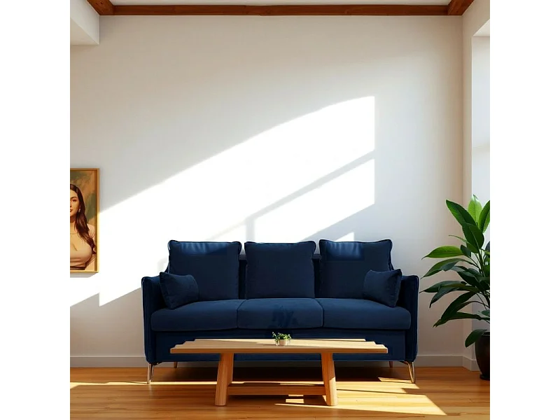 PICADILY Canapé convertible 3 places bleu marine matelas Dunlopillo 140cm