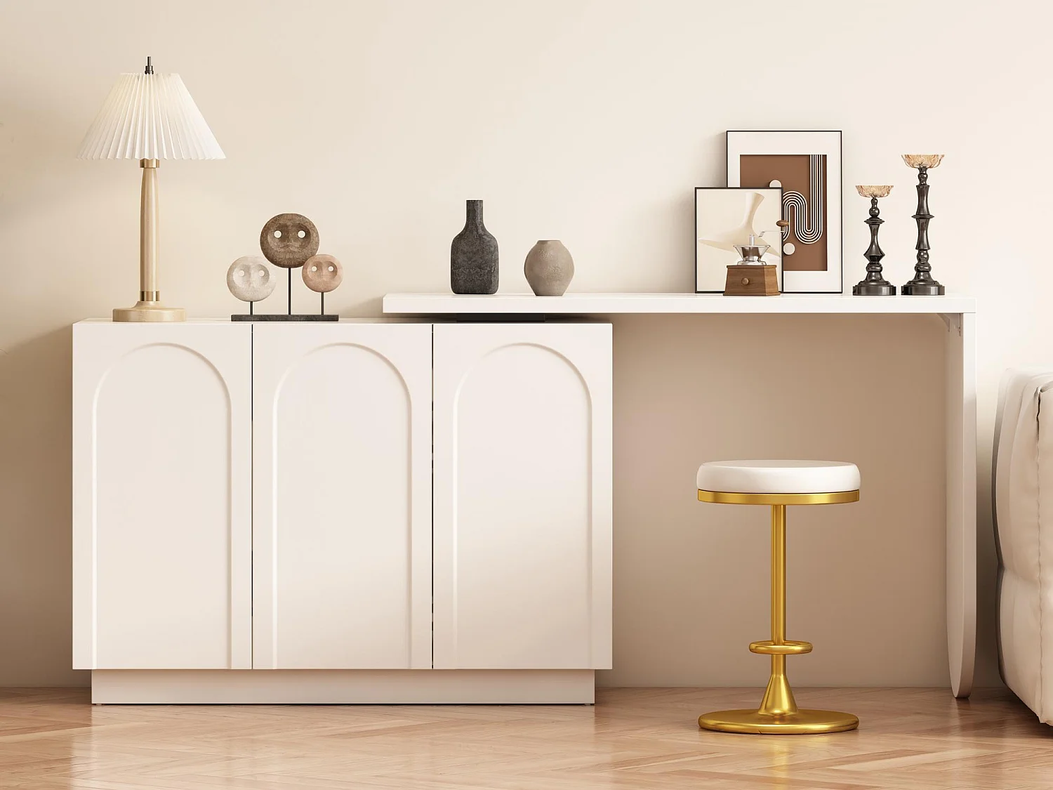 Coiffeuse pivotante escamotable en MDF - 3 portes avec 6 étagères réglables - Blanc