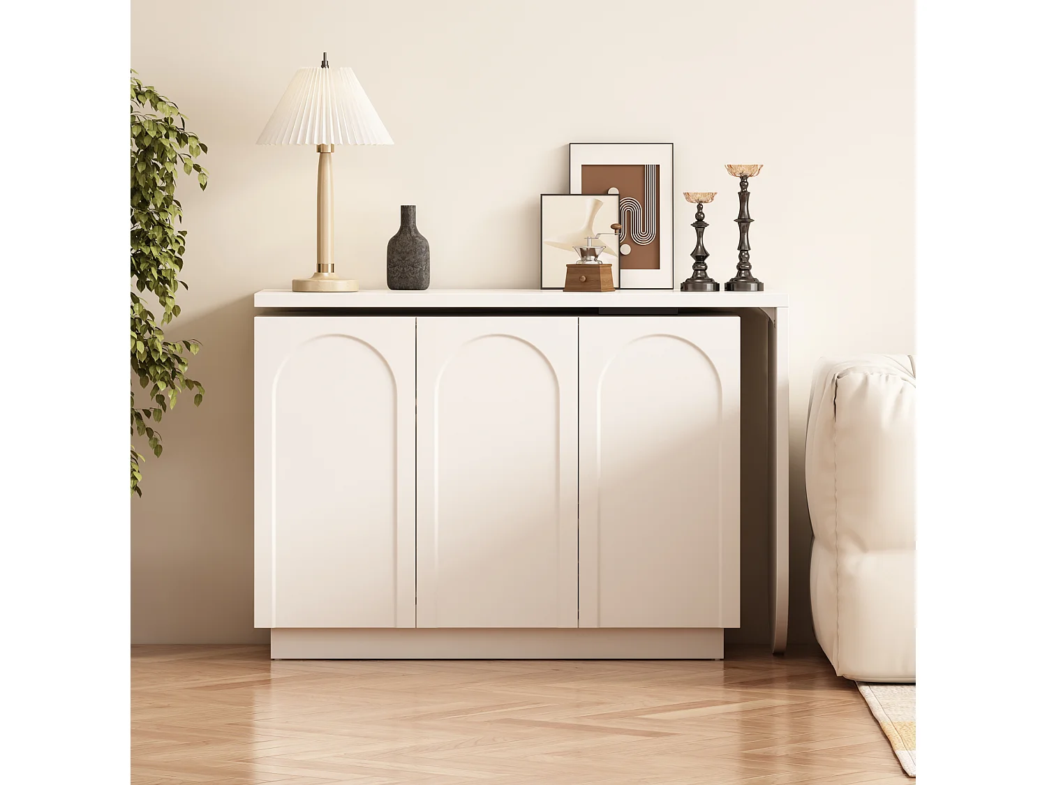 Coiffeuse pivotante escamotable en MDF - 3 portes avec 6 étagères réglables - Blanc