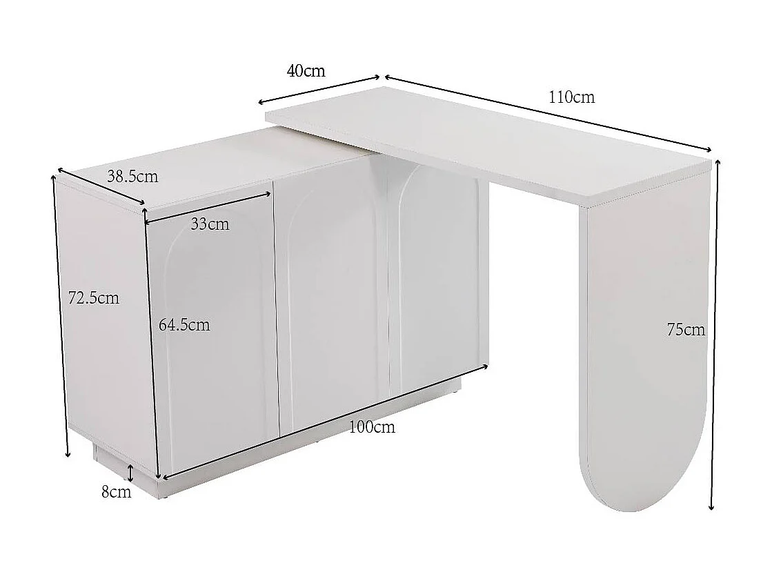 Coiffeuse pivotante escamotable en MDF - 3 portes avec 6 étagères réglables - Blanc