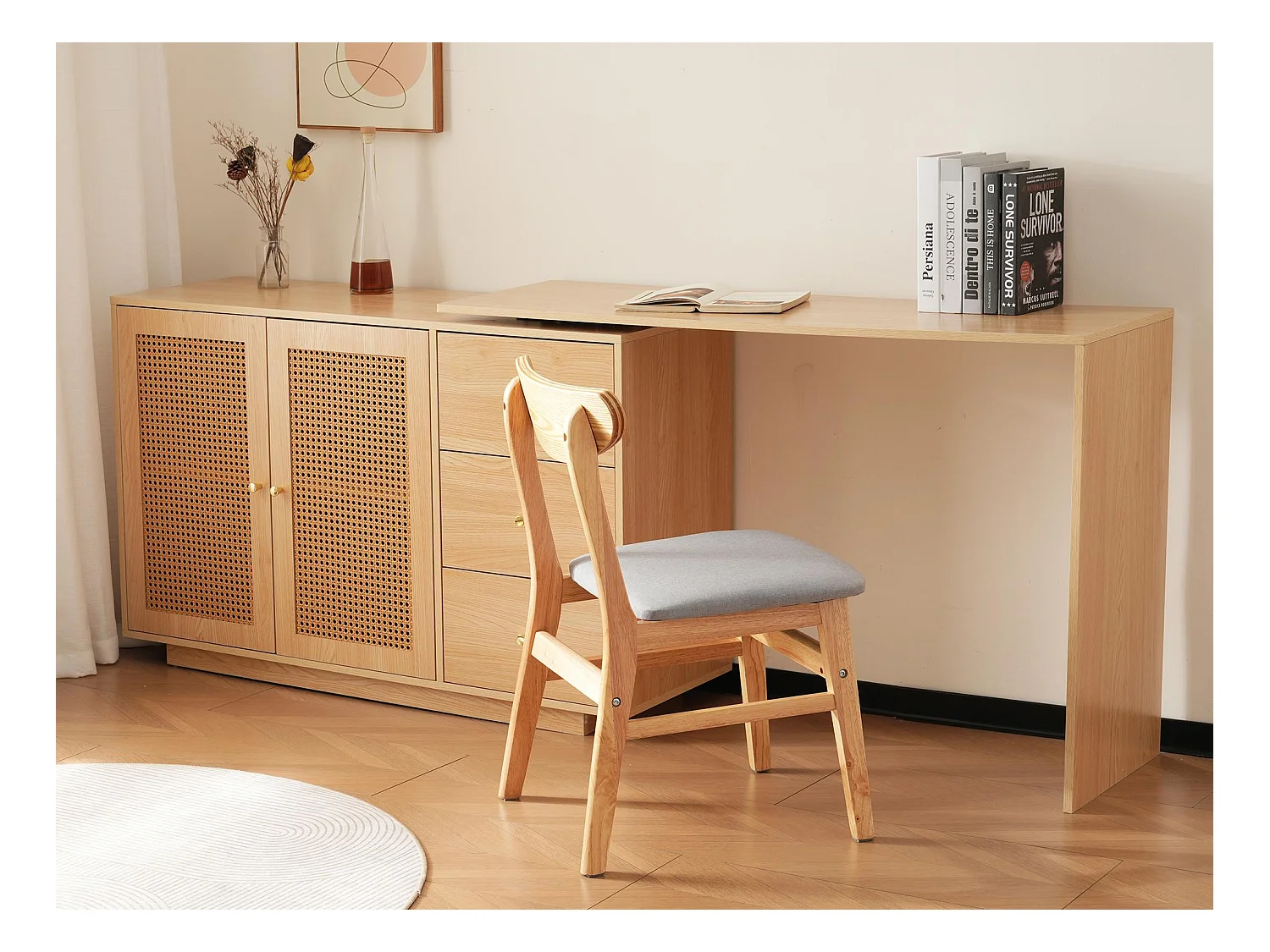 Coiffeuse pivotante escamotable en MDF - 3 portes et 3 tiroirs - Blanc