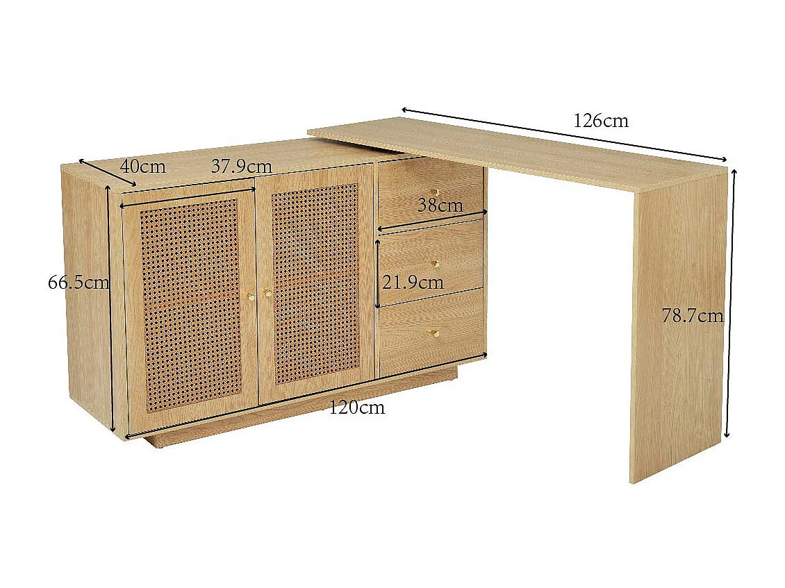 Coiffeuse pivotante escamotable en MDF - 3 portes et 3 tiroirs - Blanc