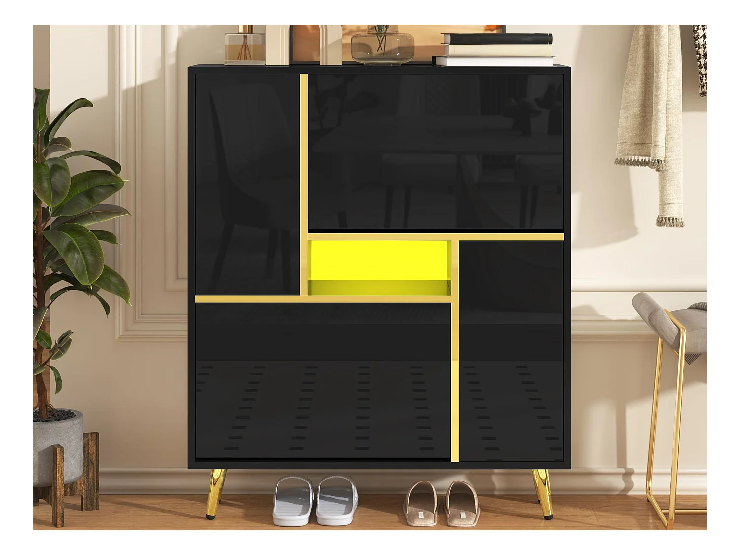 Moderne schoenenkast met LED - glanzende look - Zwart