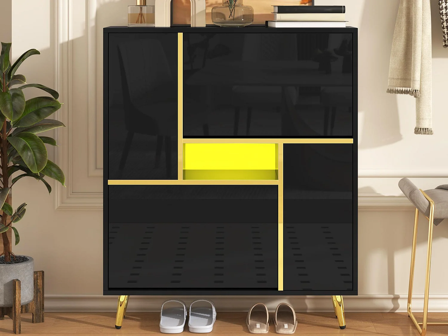 Mobile porta scarpe moderno con LED - Nero Lucido - Elegante e Spazioso