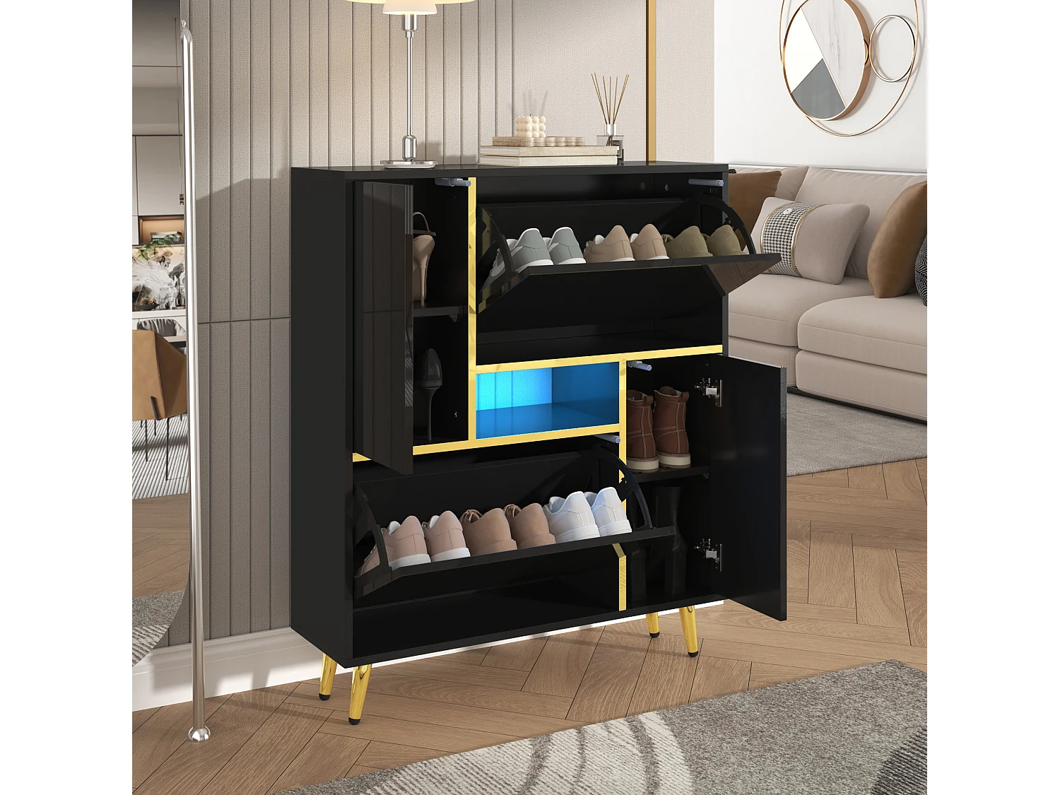 Mobile porta scarpe moderno con LED - Nero Lucido - Elegante e Spazioso