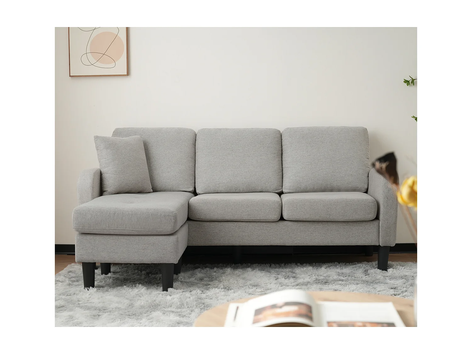 Canapé d'angle avec méridienne - 3 places - tissu en coton et lin - Gris