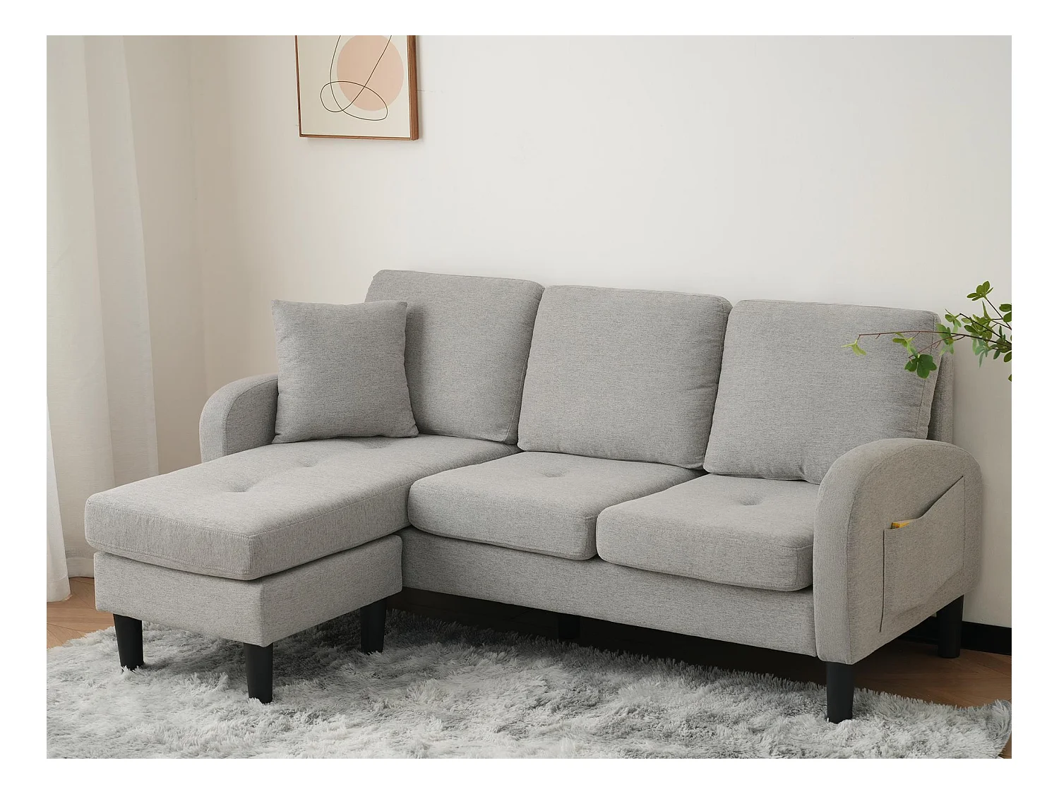 Canapé d'angle avec méridienne - 3 places - tissu en coton et lin - Gris