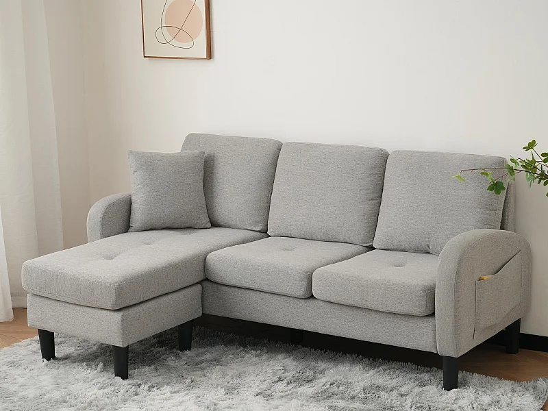 Canapé d'angle avec méridienne - 3 places - tissu en coton et lin - Gris