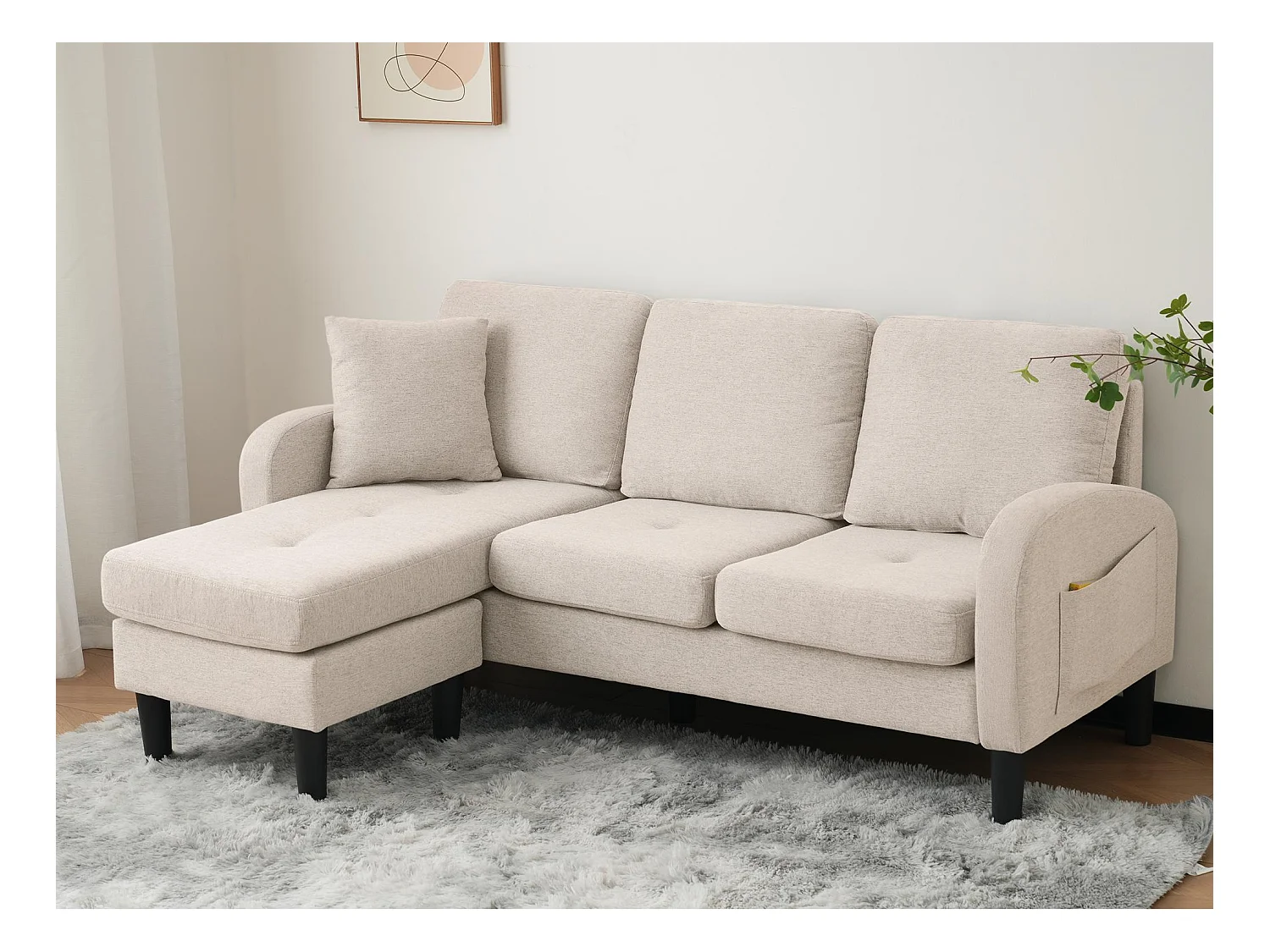 Ecksofa mit Chaiselongue – 3 Plätze – Baumwoll- und Leinenstoff – Beige