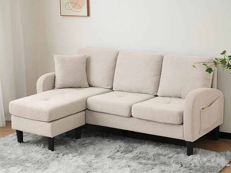 Canapé d'angle avec méridienne - 3 places - tissu en coton et lin - Beige